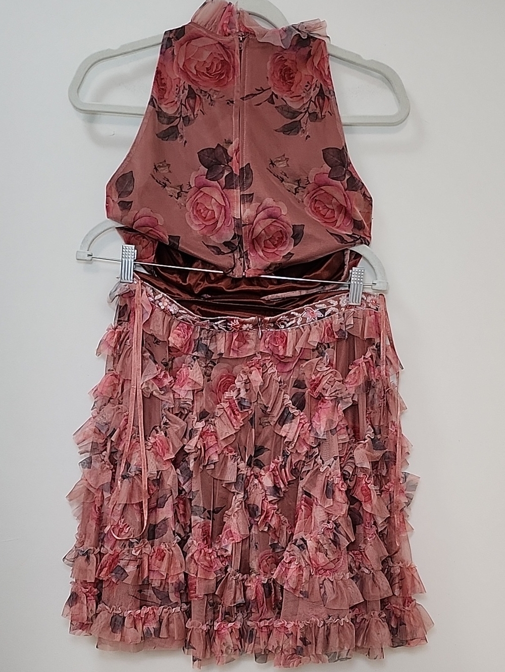 Mac Duggal Ruffled Cutout Halter Dustu Rose Floral Mini Dress Sz 6 - Picture 13 of 16